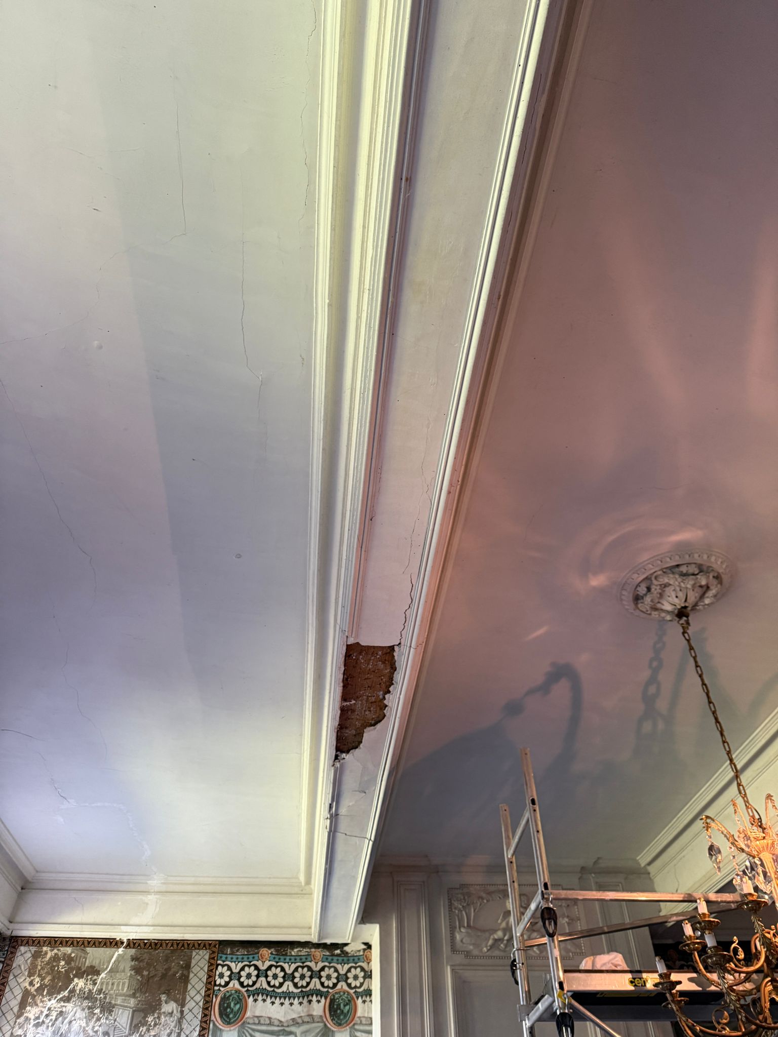 Dégradations des moulures en plâtre avant restauration