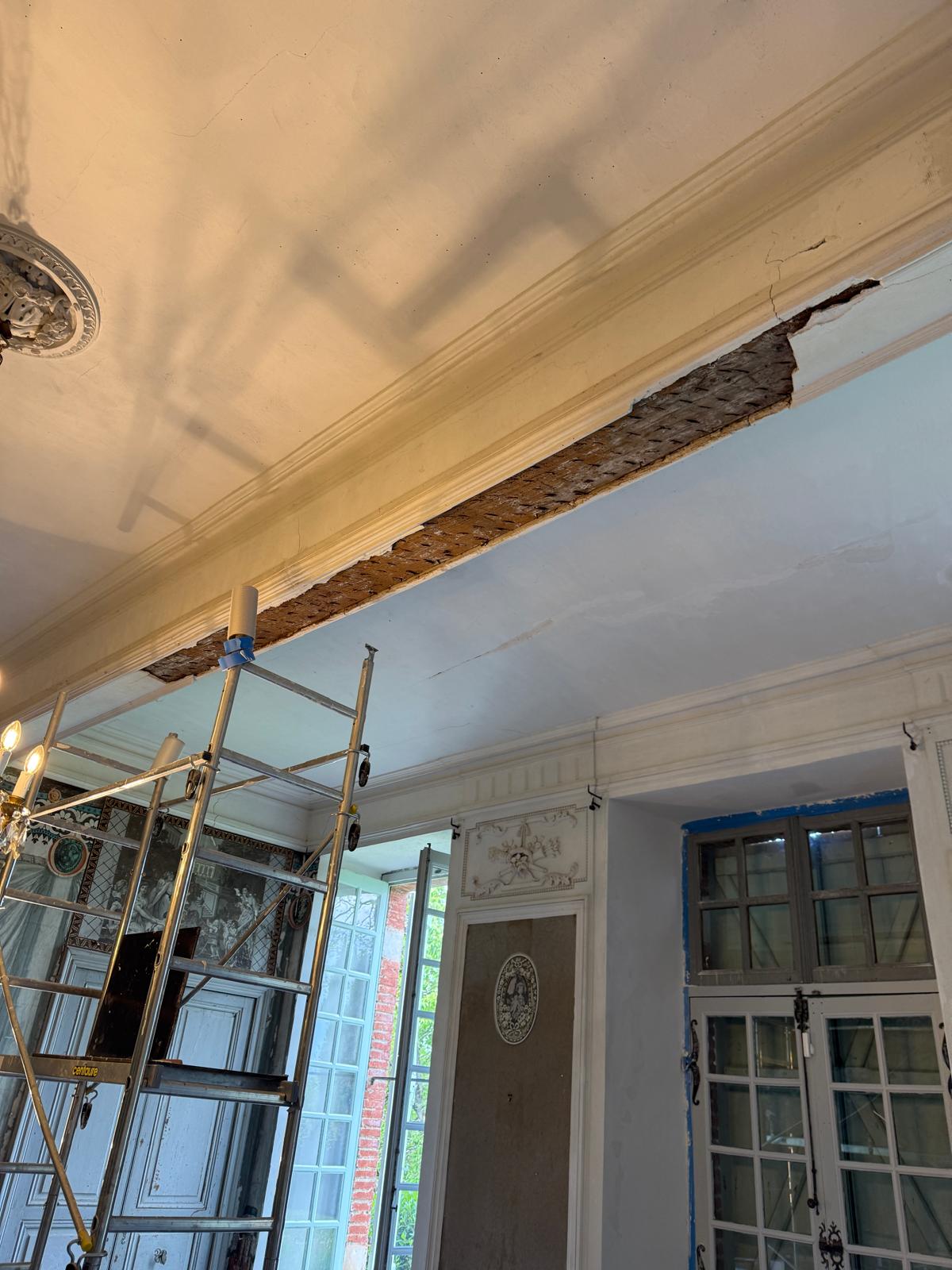 Dégradations des moulures en plâtre avant restauration
